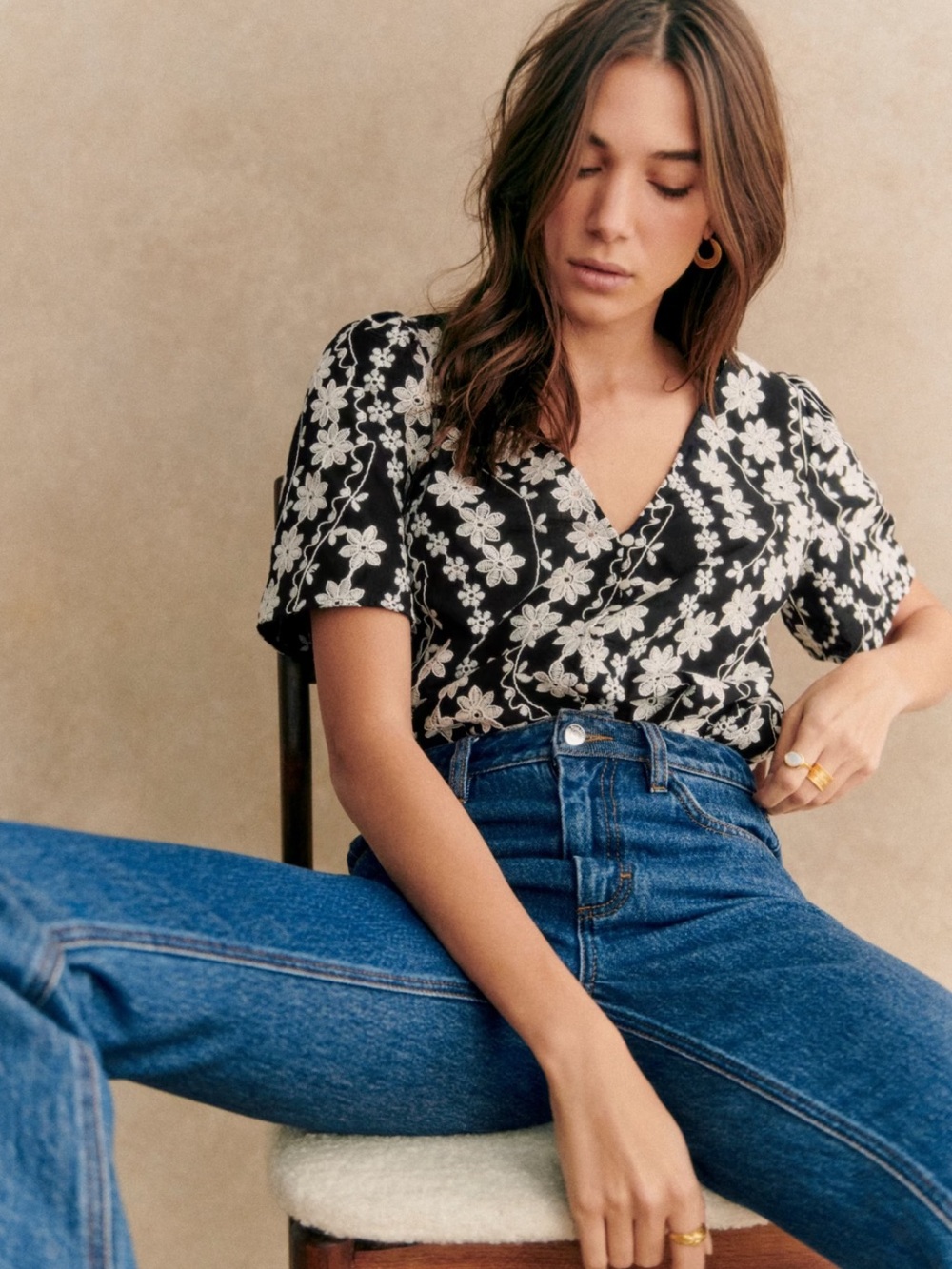 Sezane Black Blouse with White Floral Embroidery - Picture 2 of 9